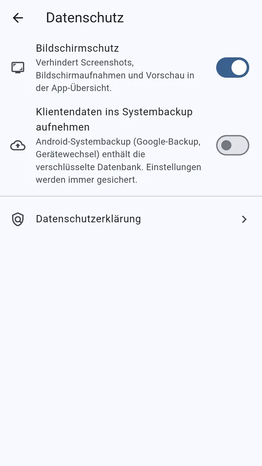 Einstellungen, Bereich Datenschutz, in der App.