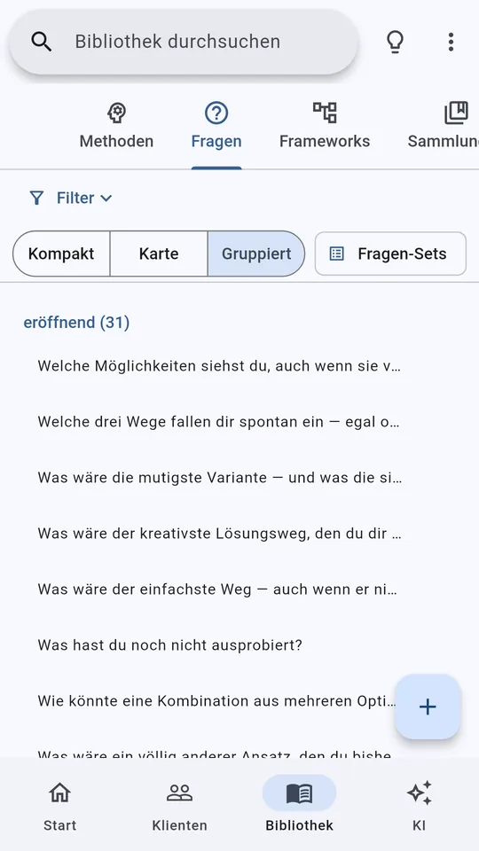 Fragenkatalog, gruppiert nach Gesprächsfunktion.