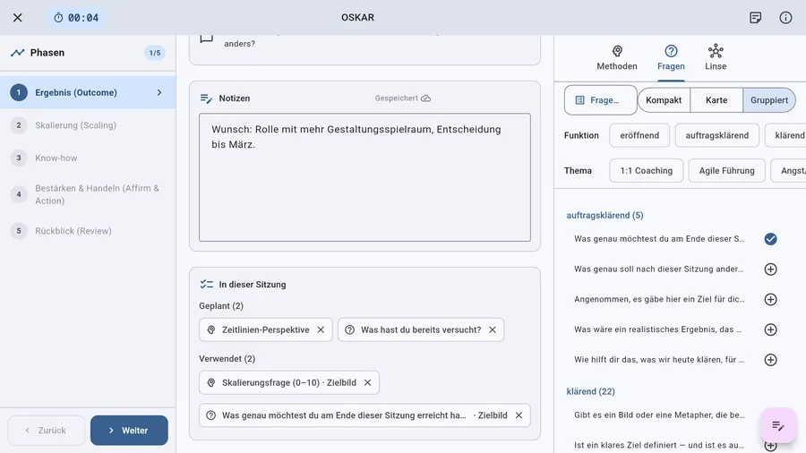 Rogando auf dem Tablet: Live-Begleitung einer Sitzung nach OSKAR mit Phasen, Notizen und der Liste „In dieser Sitzung“ mit geplanten und verwendeten Methoden.
